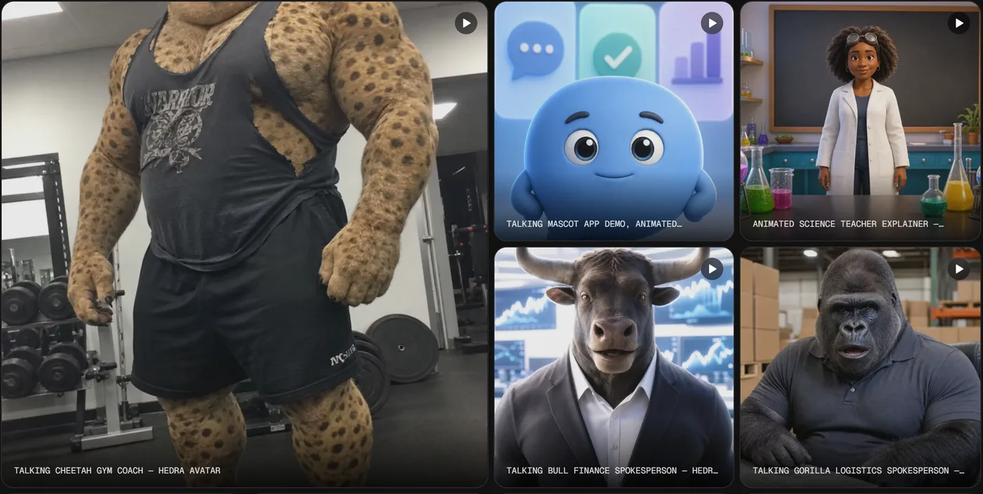 גלריית הדוגמאות של Hedra Avatar: מאמן כושר בדמות צ'יטה, קמע כחול, מורה למדע מונפשת, שור בחליפה ונציג לוגיסטיקה בדמות גורילה
