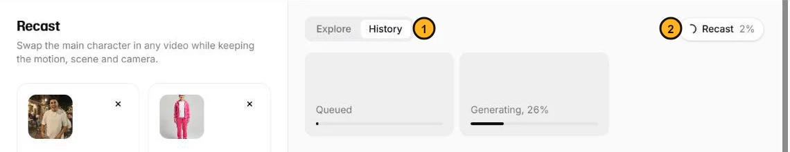 לשונית History ב-Recast: הרצה אחת בתור (Queued) והשנייה ב-Generating, 26%. למעלה מימין חיווי Recast 2%.