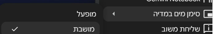 תפריט ההגדרות של Gemini בעברית, עם האפשרות סימן מים במדיה והבחירה בין מופעל למושבת