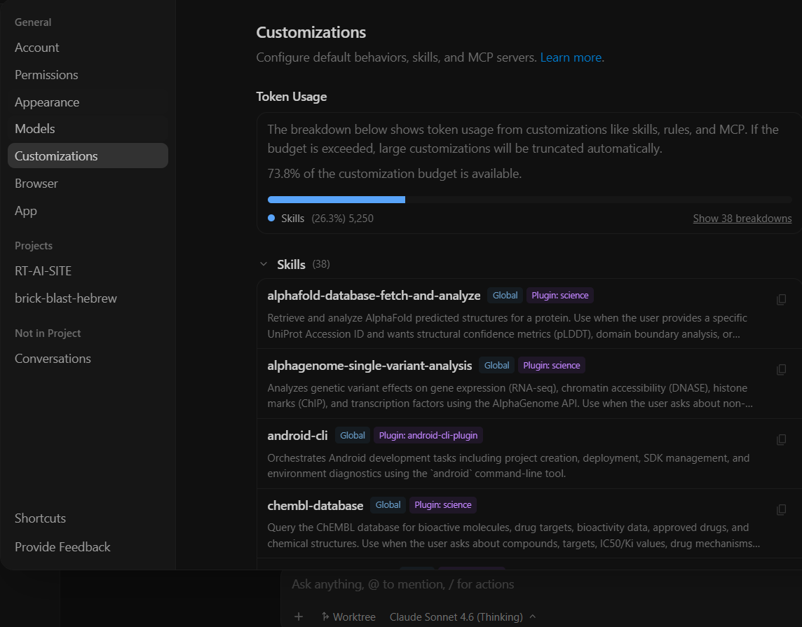 פאנל Customizations - skills, rules, MCP