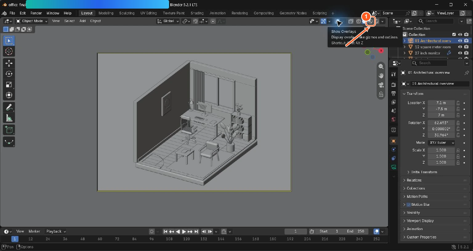 הפרויקט שנוצר פתוח ב-Blender. Astra הפעיל את הכפתור המסומן כדי לעבור מתצוגת Solid לתצוגת חומרים.