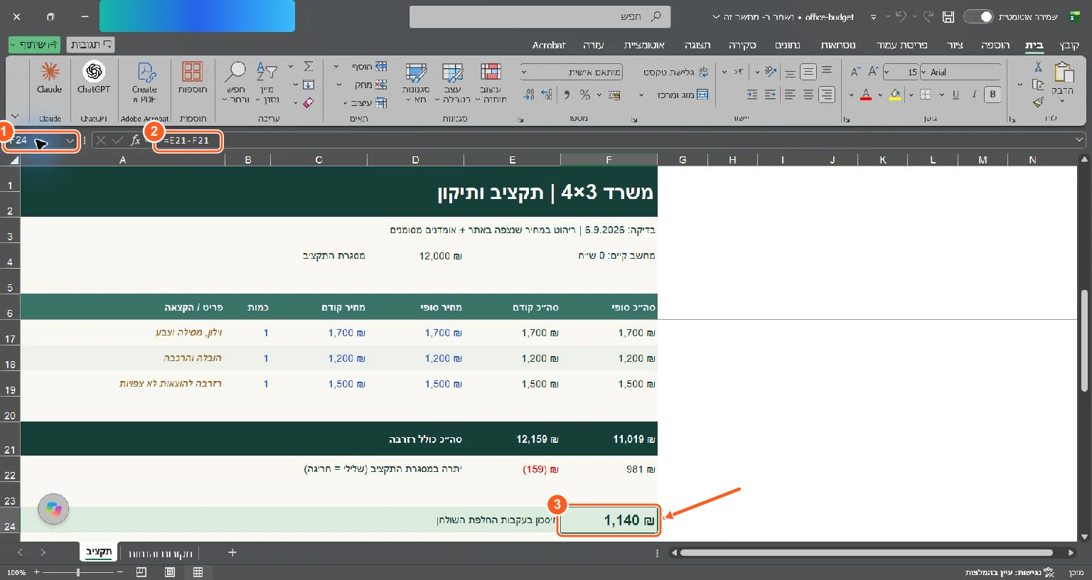 Astra ניווט לתא ב-Excel ובדק את הערך ואת הנוסחה שנשמרה בקובץ. הצילום מתעד את הבדיקה שביצע; פרטי חשבון שאינם נחוצים הוסתרו.