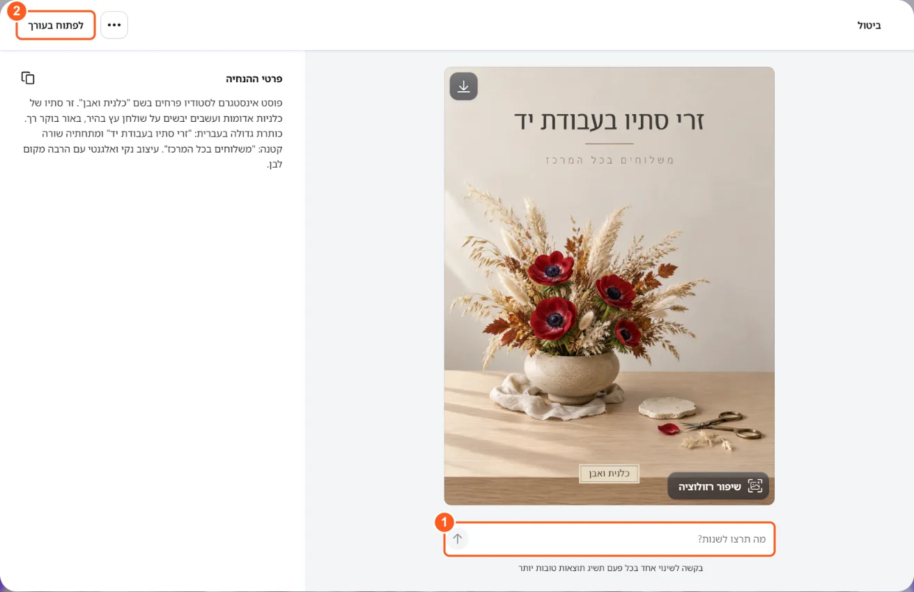 תמונה נבחרת פתוחה בגדול: הכפתור לפתוח בעורך למעלה, פרטי ההנחיה בצד ותיבת מה תרצו לשנות מתחת לתמונה