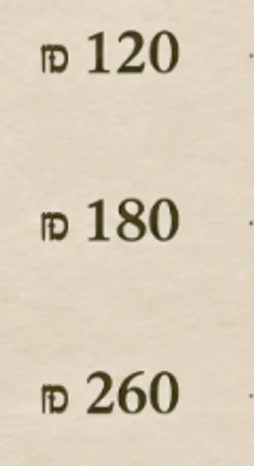 הגדלה של עמודת המחירים: לצד 120, 180 ו-260 מופיע סימן שבור במקום סימן השקל