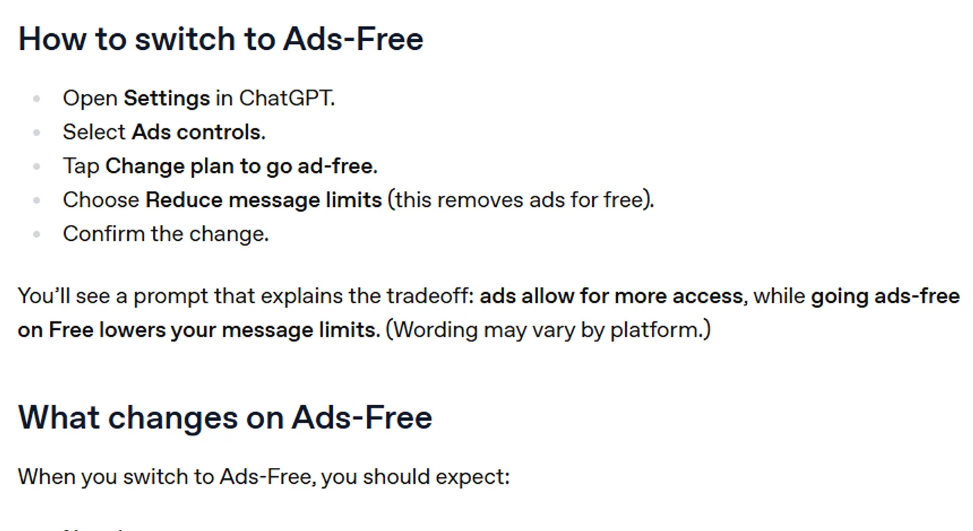 הוראות המעבר למצב ללא מודעות בתיעוד של OpenAI: Settings, Ads controls, Change plan to go ad-free, Reduce message limits
