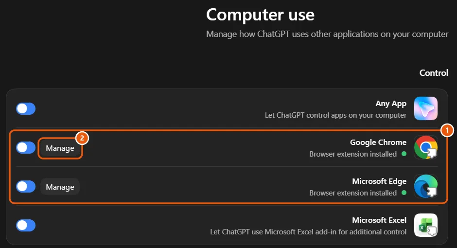 המסך Computer use באפליקציית ChatGPT: Google Chrome ו-Microsoft Edge עם הכיתוב Browser extension installed ולידם הכפתור Manage