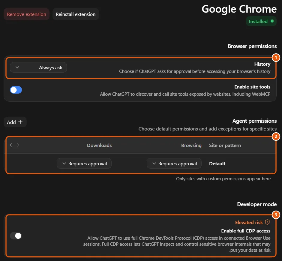 המסך Manage של Google Chrome באפליקציה: History על Always ask, המתג Enable site tools, טבלת Agent permissions עם שורת Default על Requires approval ומצב מפתחים Enable full CDP access שמסומן Elevated risk