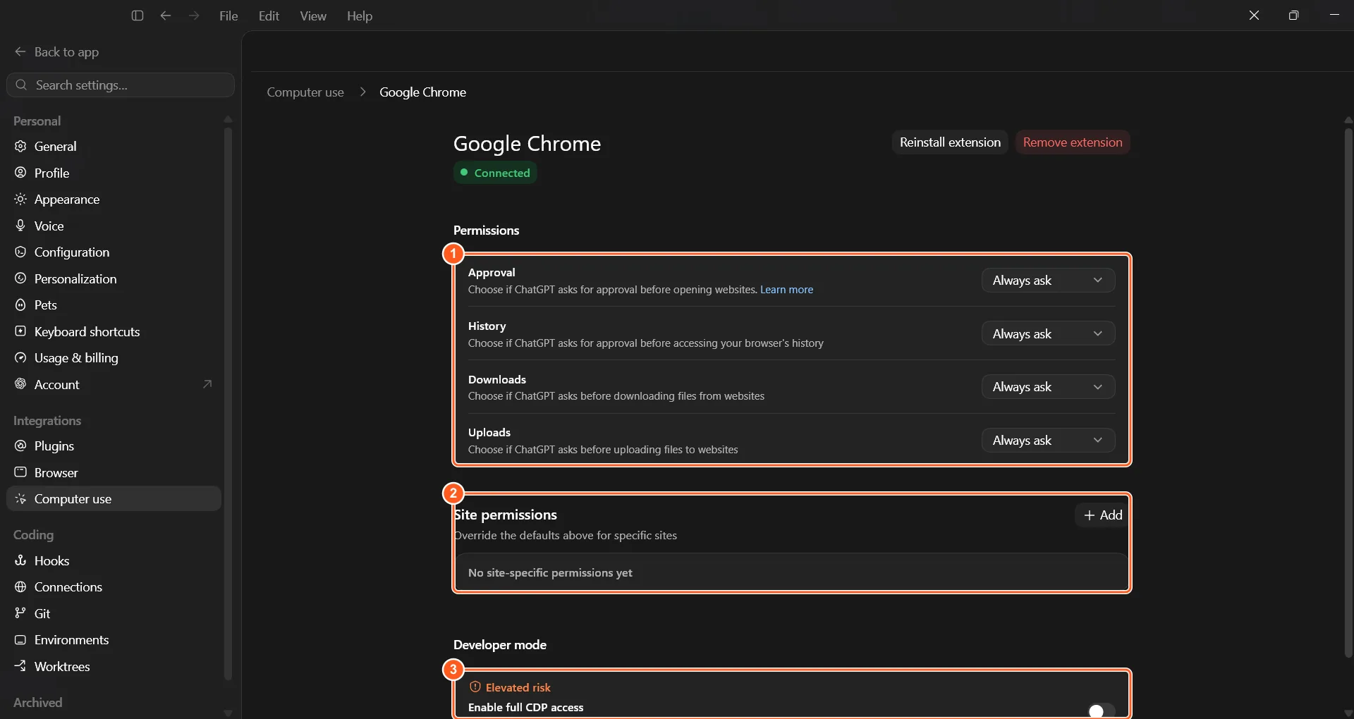 מסך ההרשאות באפליקציית הדסקטופ עם ארבע בקרות במצב שאל תמיד, הרשאות פר אתר, ומצב פיתוח מסומן כסיכון מוגבר