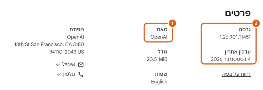 חלק הפרטים בדף התוסף בחנות של Chrome: בשדה מאת כתוב OpenAI, גרסה 1.26.901.11451, עדכון אחרון 4 בספטמבר 2026