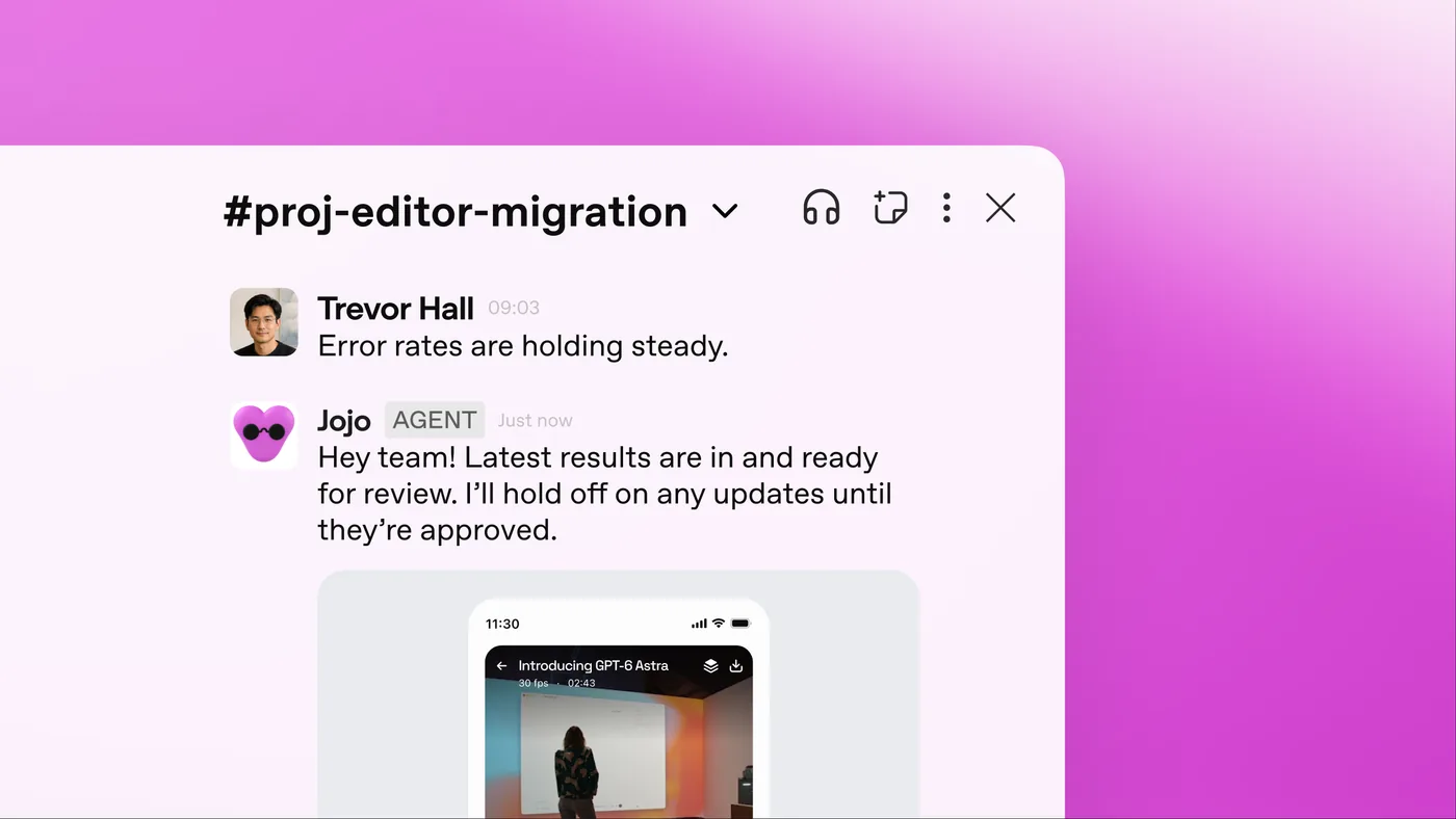 ערוץ Slack בשם proj-editor-migration שבו Jojo, עם התווית AGENT, כותב לצוות שהתוצאות מוכנות לבדיקה ושיחכה לאישור לפני עדכונים נוספים