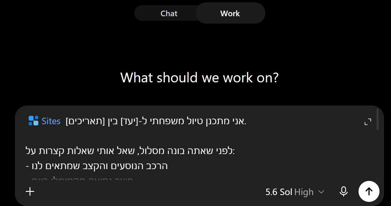 צילום מסך: ChatGPT בלשונית Work, עם התווית Sites על תיבת הפרומפט