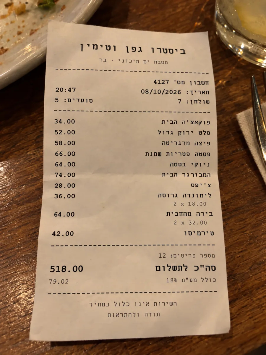 תמונה של חשבון מודפס מביסטרו גפן וטימין מ-8 באוקטובר 2026, מונח על שולחן עץ ליד צלחת וכוס לימונדה. 12 פריטים וסך הכול 518 שקלים