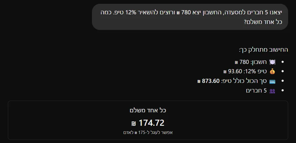 ChatGPT עונה על שאלה עם כל הנתונים על חשבון של 780 שקלים לחמישה עם טיפ של 12 אחוז: פירוט קצר וכרטיס עם הסכום שכל אחד משלם