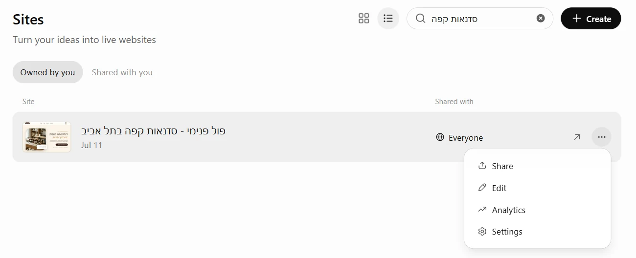 עמוד Sites עם אתר פול פנימי והתפריט Share, Edit, Analytics ו-Settings