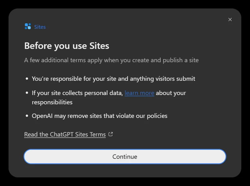 החלון Before you use Sites, עם שלושה תנאים וכפתור Continue