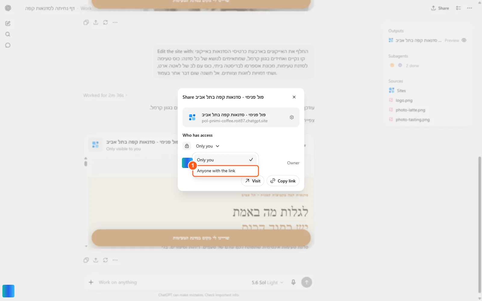 אפשרויות הגישה: Only you או Anyone with the link