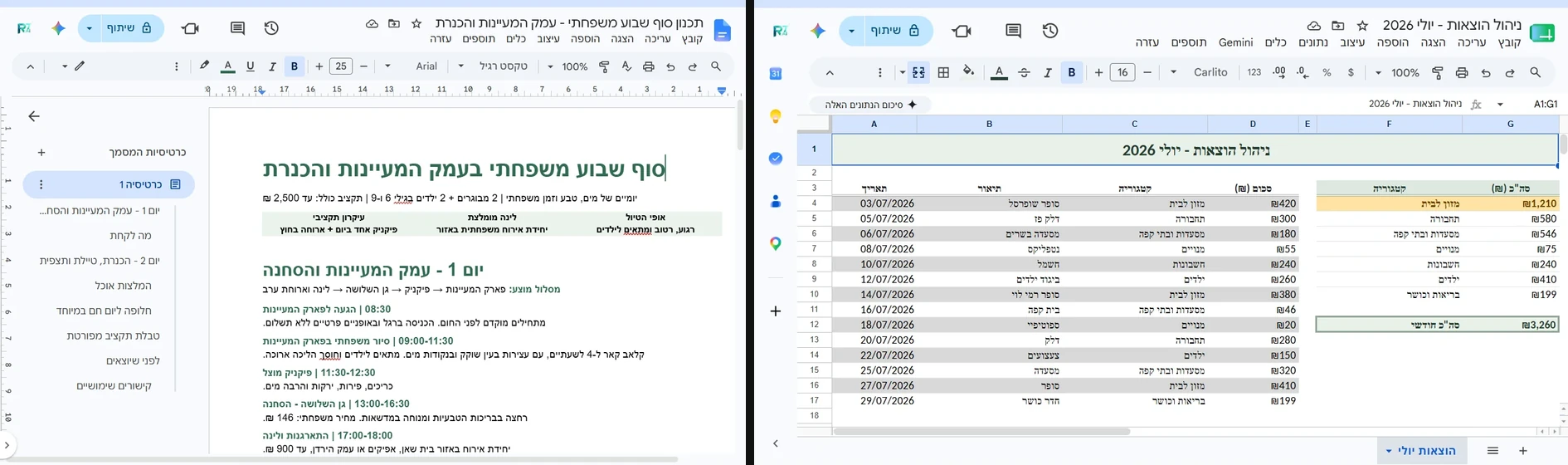 מסמך תכנון טיול ב-Google Docs וגיליון תקציב ב-Google Sheets