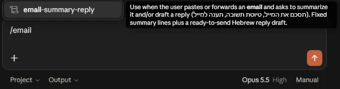 תיבת ההודעה של Claude עם /email. מעליה הסקיל email-summary-reply והתיאור שלו