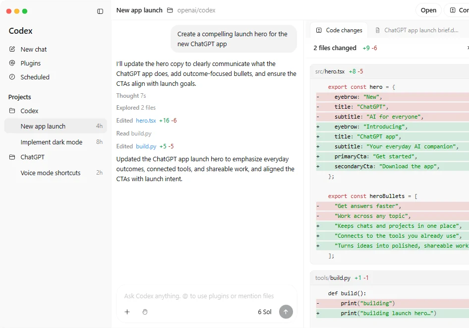 תצוגת Codex באפליקציית ChatGPT: סרגל צד עם New chat, Plugins, Scheduled ורשימת פרויקטים, שיחה שבה Codex מדווח שקרא קבצים וערך את hero.tsx ואת build.py וחלונית Code changes עם שורות שנמחקו באדום ושורות שנוספו בירוק
