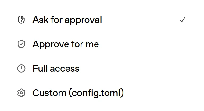 תפריט ההרשאות של Codex: Ask for approval מסומן ומתחתיו Approve for me, Full access ו-Custom (config.toml)