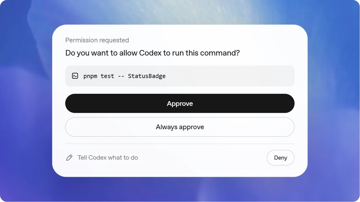 בקשת הרשאה ב-Codex Remote: Codex מבקש להריץ את הפקודה pnpm test -- StatusBadge, עם הכפתורים Approve, Always approve ו-Deny ושדה לכתוב ל-Codex מה לעשות