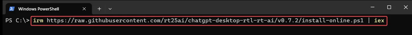חלון Windows PowerShell עם שורת ההתקנה של v0.7.2 מודבקת אחרי ה-prompt, לפני לחיצה על Enter
