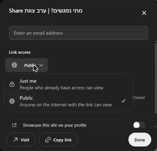 חלון השיתוף של אתר ב-ChatGPT Sites: שדה להזמנה לפי מייל. בתפריט Link access שתי אפשרויות, Just me ו-Public, כש-Public מסומן
