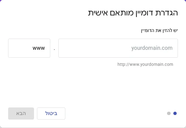 החלון הגדרת דומיין מותאם אישית ב-Google Sites: שדה www ושדה yourdomain.com ומתחת כפתורי ביטול והבא