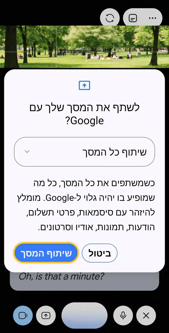 דיאלוג שיתוף המסך עם Google ב-Gemini Live, עם כפתור שיתוף המסך מסומן
