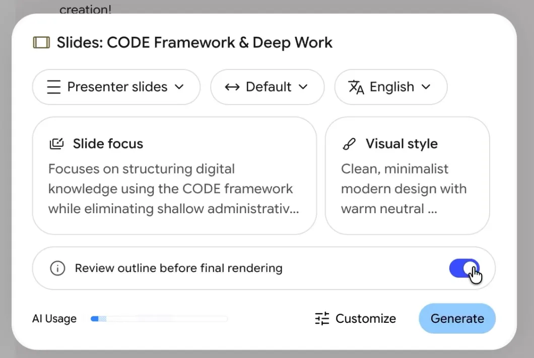 כרטיס מצגת בצ'אט של Gemini Notebook: פורמט Presenter slides, אורך Default, שפה English, תיבות Slide focus ו-Visual style, מתג Review outline before final rendering דלוק וכפתור Generate