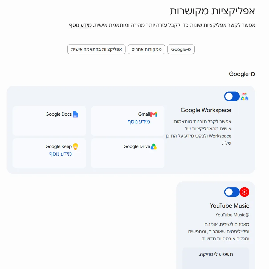 מסך האפליקציות המקושרות בחשבון ישראלי עם Google Workspace ו-YouTube Music בלבד