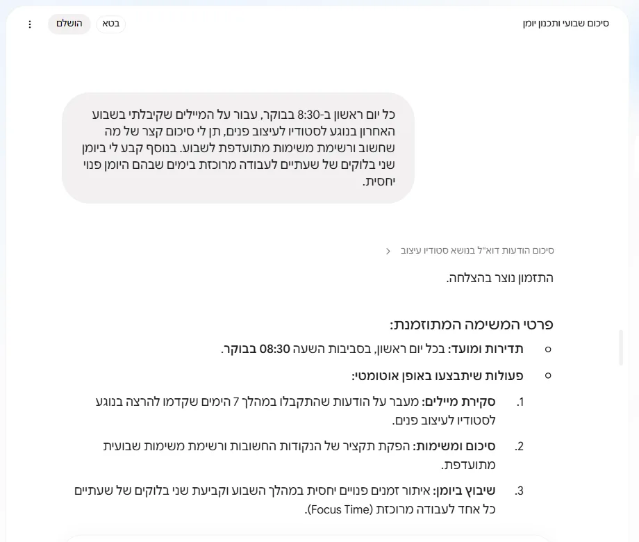 Spark מאשר שהתזמון נוצר ומפרט את שלושת השלבים שירוצו כל יום ראשון