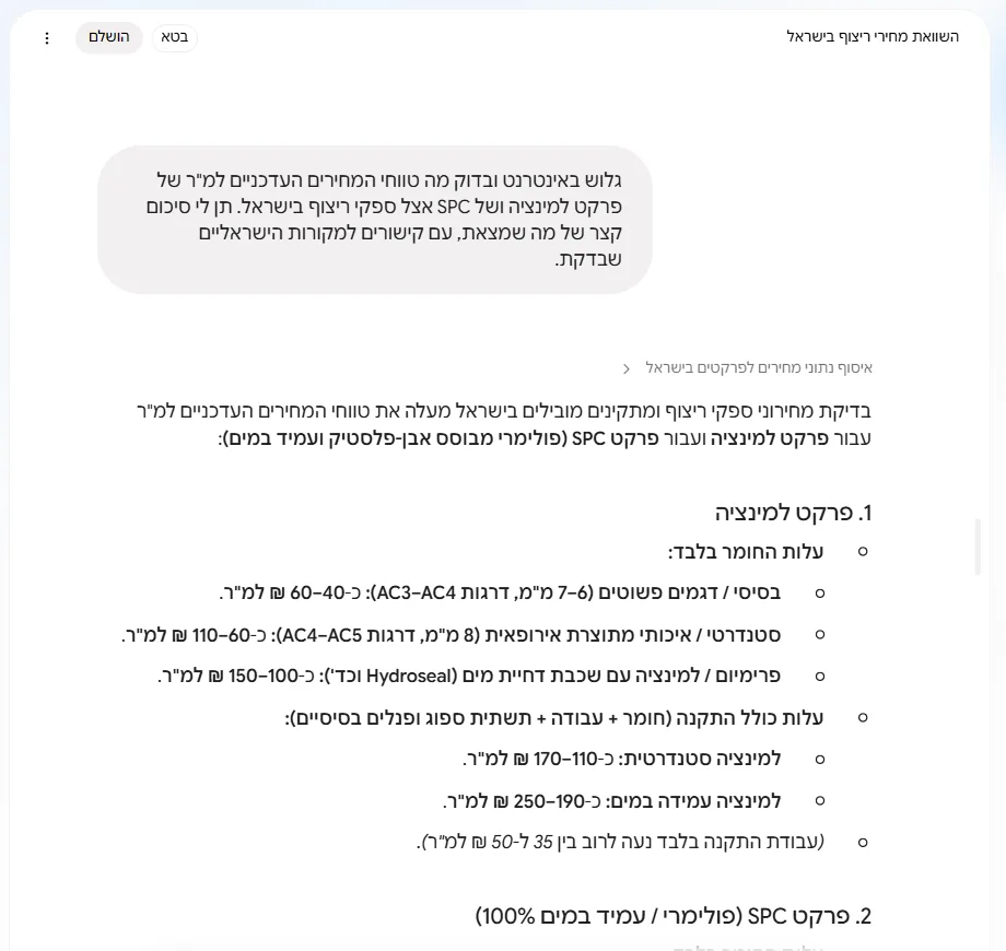 תוצאת המשימה: פירוט טווחי מחירים לפרקט למינציה ו-SPC בשקלים למטר מרובע