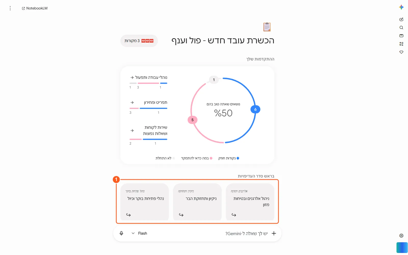 דשבורד ההתקדמות: טבעת 50 אחוז, פירוק נושאים לחוזקות ופערים, ושלושה שיעורים בראש העדיפויות עם סימון
