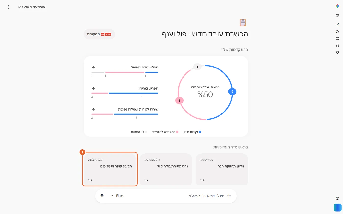 מפת ההתקדמות אחרי הסימון: הטבעת עדיין על 50% והשיעור תפעול קופה ותשלומים נכנס לתור ומסומן