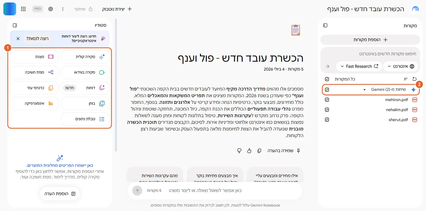 המחברת ב-Gemini Notebook: פאנל הסטודיו מסומן ובמקורות השיחות מ-Gemini לצד שלושת קובצי ה-PDF