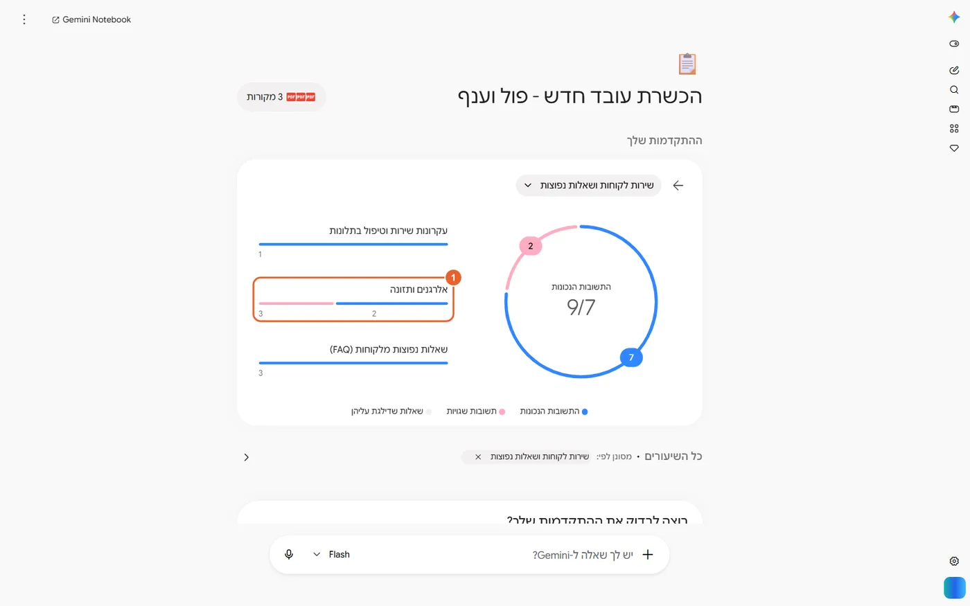 הפירוט של הנושא שירות לקוחות ושאלות נפוצות: 7 תשובות נכונות מתוך 9 והשורה אלרגנים ותזונה מסומנת