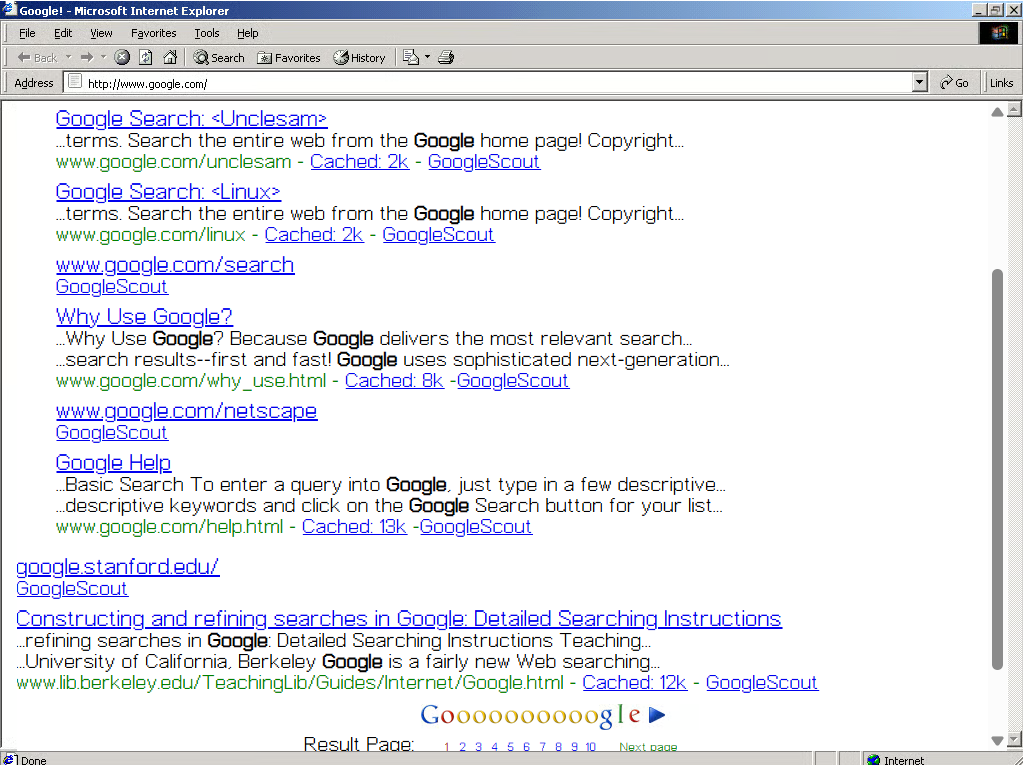 תוצאות חיפוש Google משנת 1998 בתוך Internet Explorer עם רשימת קישורים כחולים