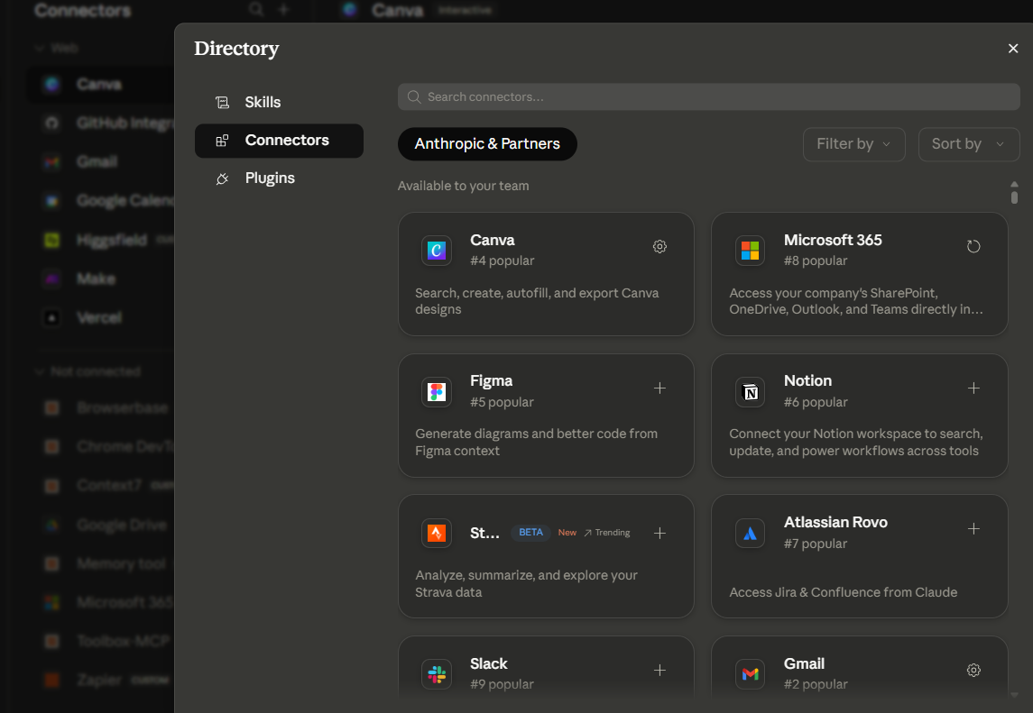 ספריית ה-Connectors המובנים של Claude (Browse connectors): Canva, Microsoft 365, Figma, Notion, Slack, Gmail ועוד, עם סרגל החיבורים המחוברים בצד