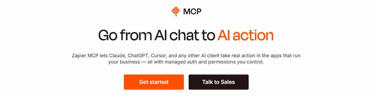 עמוד Zapier MCP עם הכותרת Go from AI chat to AI action