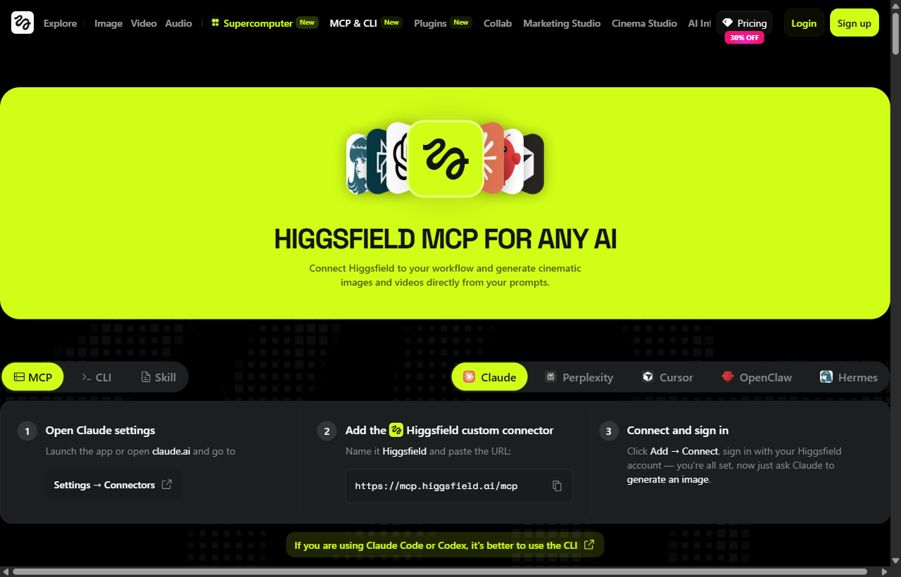 צילום מסך מעמוד ה-MCP של Higgsfield: שלושת הצעדים לחיבור ל-Claude - פתיחת Settings → Connectors, הוספת connector מותאם והדבקת הכתובת https://mcp.higgsfield.ai/mcp, והתחברות לחשבון