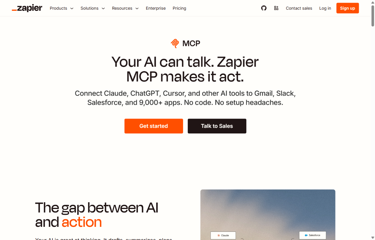 צילום מסך מעמוד Zapier MCP: 'Your AI can talk. Zapier MCP makes it act' - חיבור Claude, ChatGPT ו-Cursor ל-Gmail, Slack ו-9,000+ אפליקציות, בלי קוד