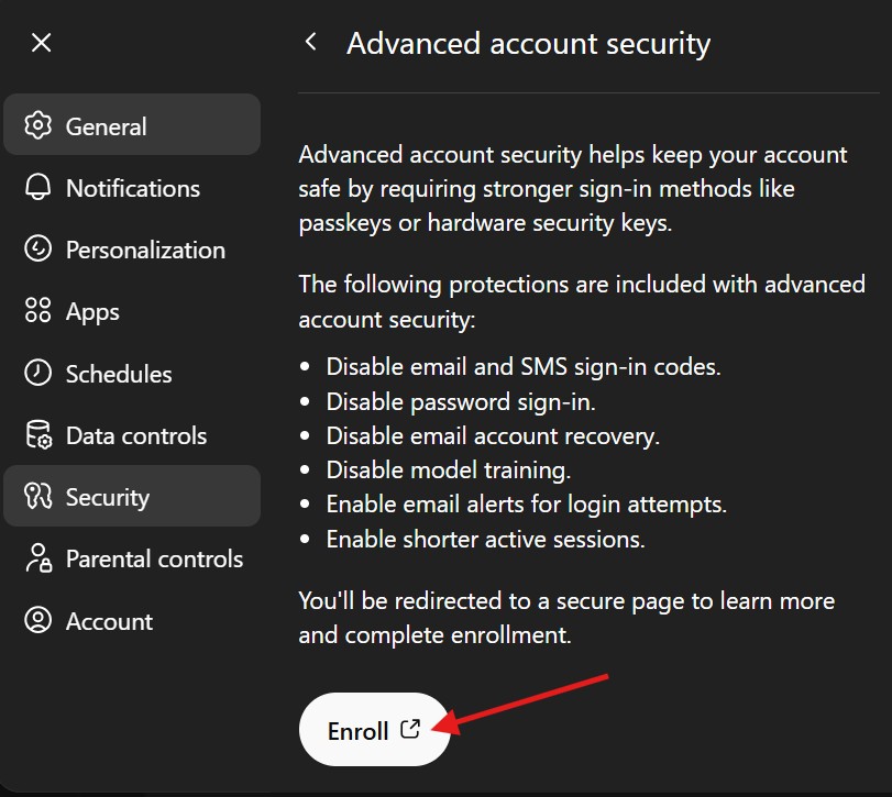 מסך Advanced Account Security בהגדרות ChatGPT עם כפתור Enroll ורשימת ההגנות