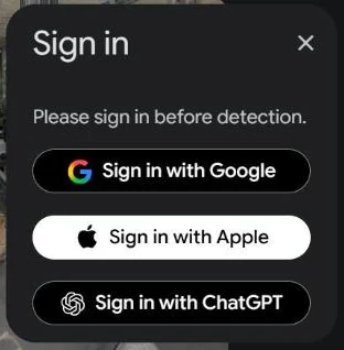 חלון ההתחברות של SynthID Detector עם שלוש אפשרויות: Sign in with Google, Sign in with Apple ו-Sign in with ChatGPT