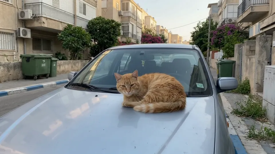 הסרטון שנוצר ב-Gemini: חתול ג'ינג'י מתעורר על מכסה מנוע של מכונית, מתמתח וקופץ למדרכה