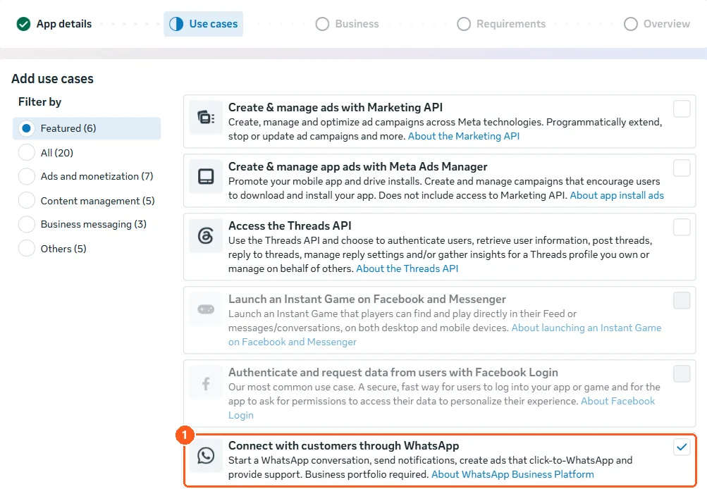 אשף יצירת האפליקציה של Meta במסך Use cases, עם הסימון על Connect with customers through WhatsApp