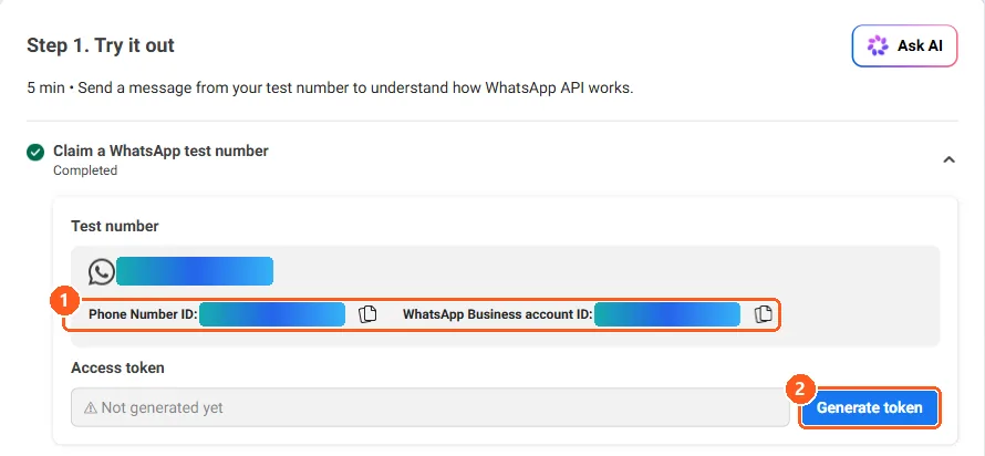 המקטע Claim a WhatsApp test number: מספר הבדיקה, Phone Number ID ו-WhatsApp Business account ID מוסתרים והכפתור Generate token