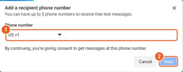 חלון Add a recipient phone number עם שדה הטלפון והכפתור Next