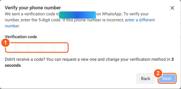 חלון Verify your phone number עם תיבות הקוד והכפתור Next