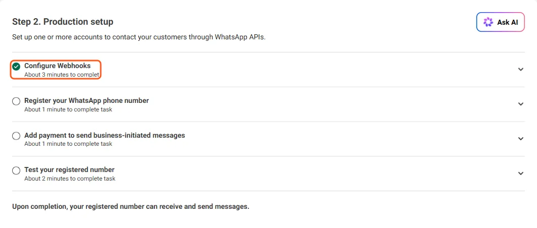 שלב Production setup עם סימן ירוק ליד Configure Webhooks ורשימת המשימות הבאות